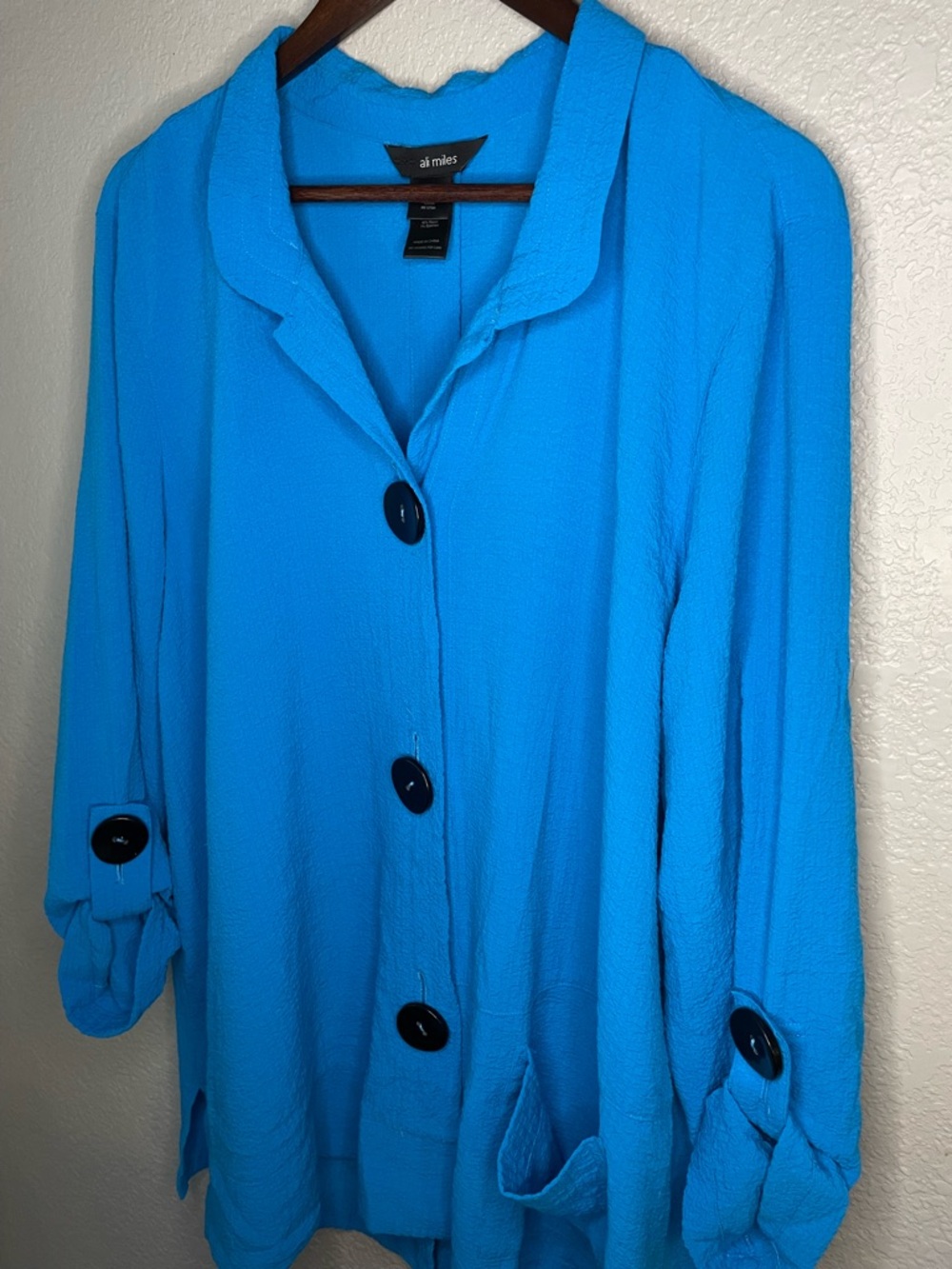 Ali Miles Womens XL Blue Crinkle Tunic Top Boho Artsy Lagenlook Buttons Pockets - Picture 5 of 8